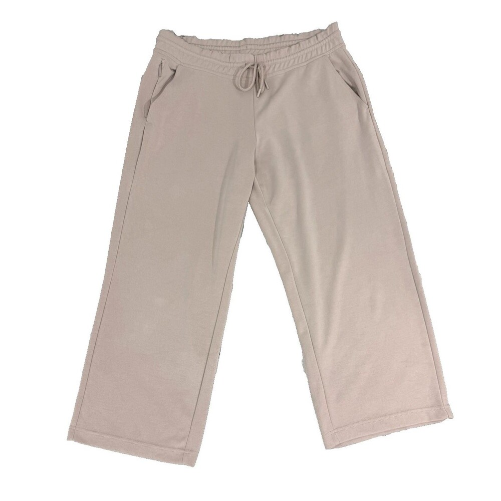 Athleta Wide Leg Crop Pants Women's Large Beige Taupe Drawstring Travel Pockets